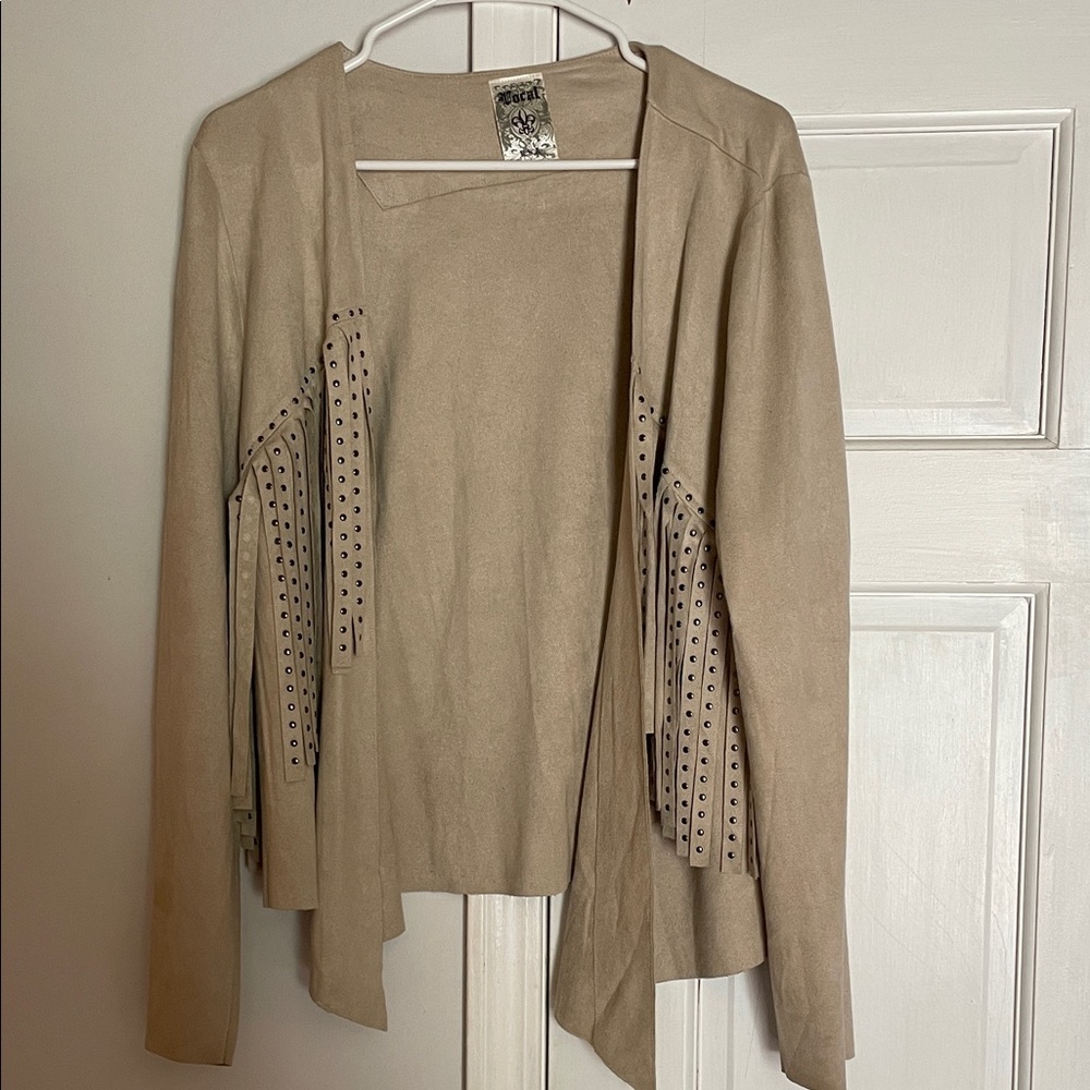 Tan Open Front Cardigan with Studded fringe.